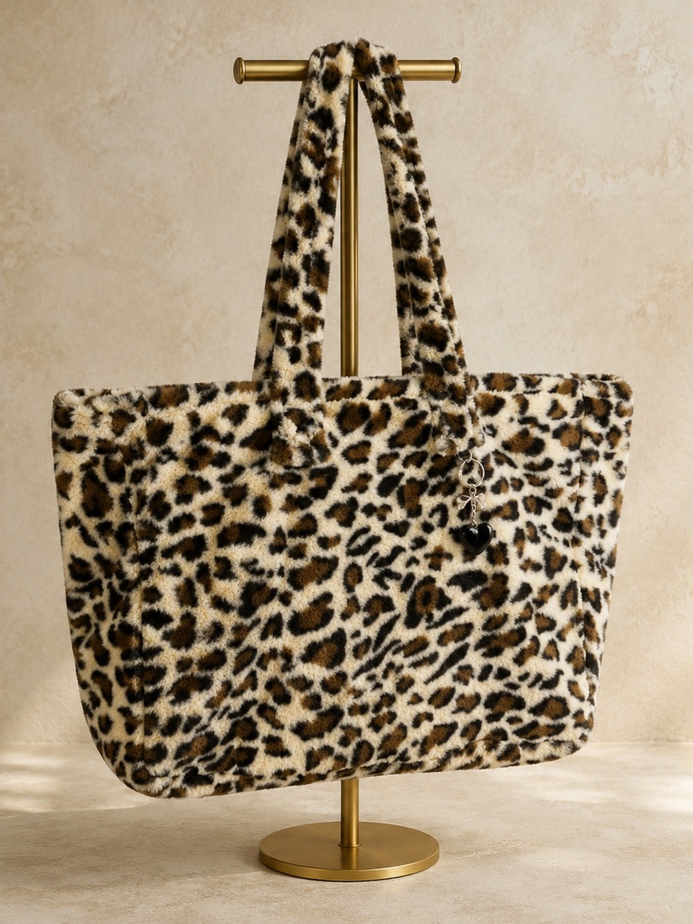 XL Leopard print faux fur tote bag with heart charm